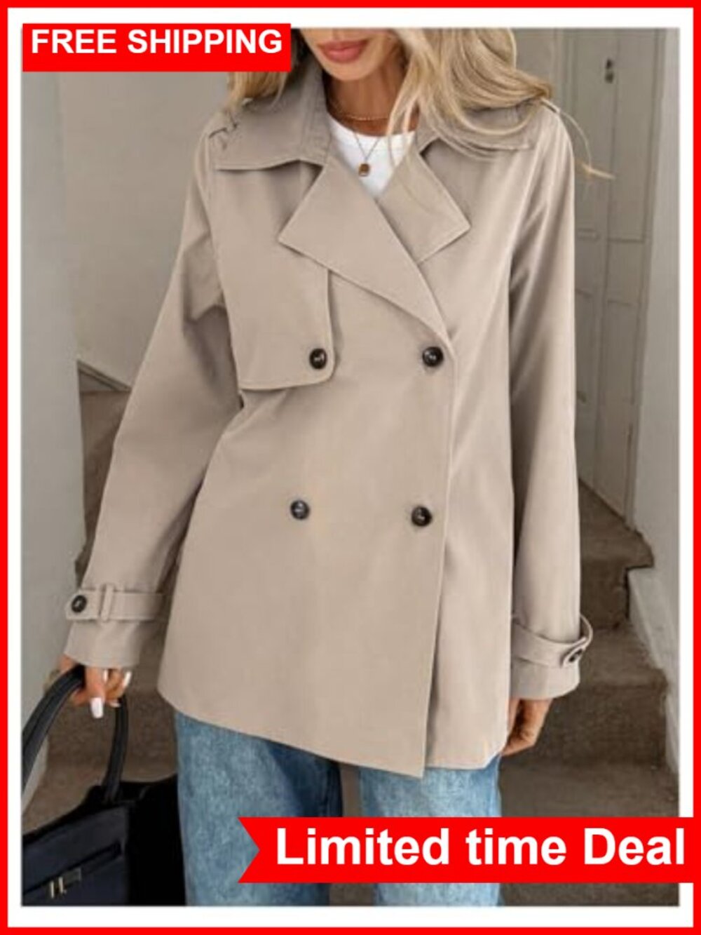 Women's Double Breasted Trench Coat Button Down Business Work Outerwear - Picture 3 of 4